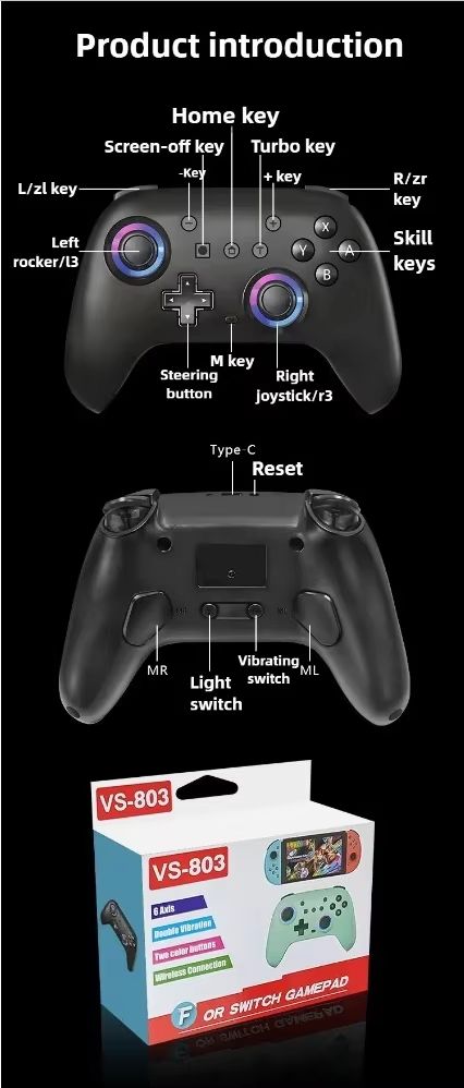 RGB Bt Wireless Controller Gamepad Built in Battery Programmable Turbo Function Joystick for Nintendo Switch OLED/Lite Console