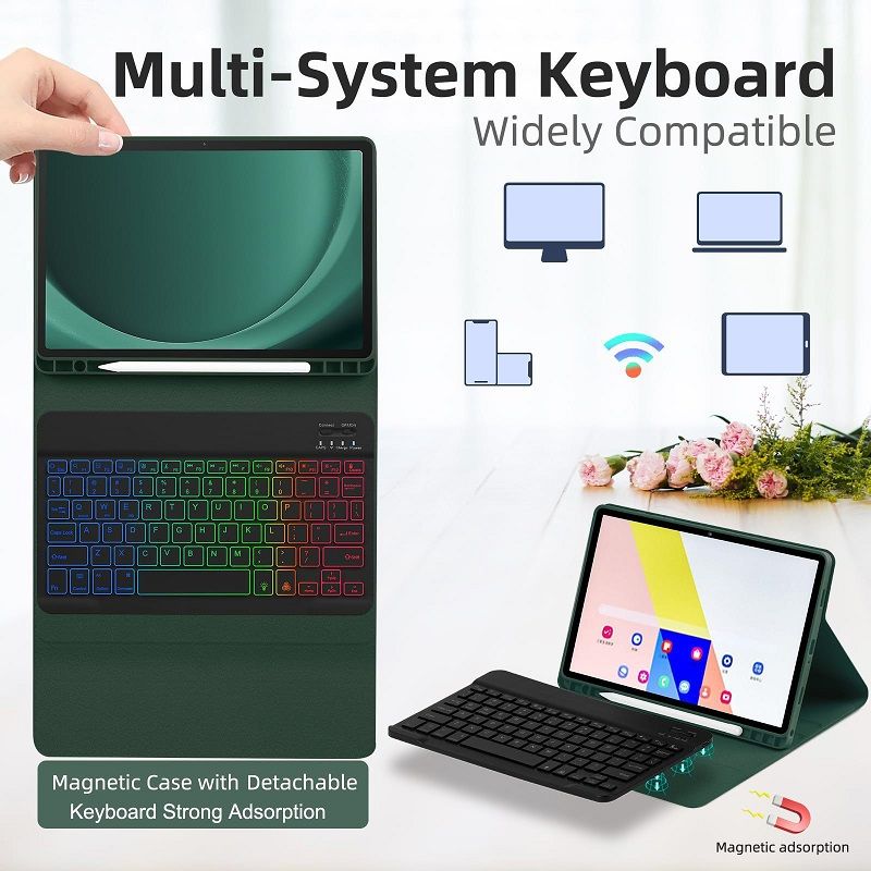 Keyboard + Tablet Case for Samsung Galaxy Tab A9+ 11.0" inch/ A9 Plus 11.0" inch Magnetic Bluetooth Keyboard Flip Cover RGB Gradient Backlit Keyboard Flip Cover Leather Case