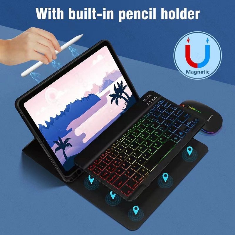 Keyboard + Tablet Case for Samsung Galaxy Tab A9+ 11.0" inch/ A9 Plus 11.0" inch Magnetic Bluetooth Keyboard Flip Cover RGB Gradient Backlit Keyboard Flip Cover Leather Case