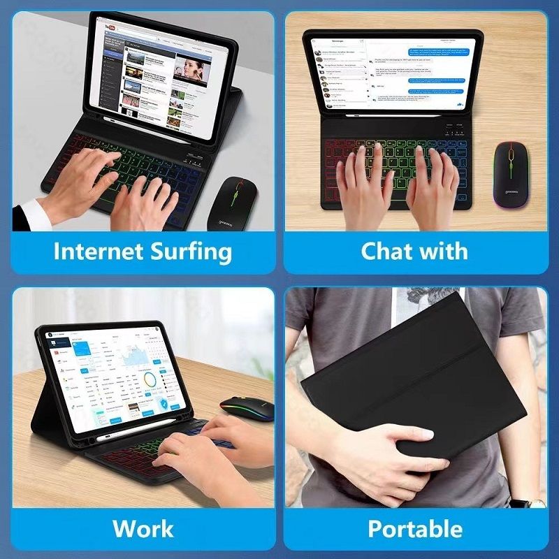 Keyboard + Tablet Case for Samsung Galaxy Tab A9+ 11.0" inch/ A9 Plus 11.0" inch Magnetic Bluetooth Keyboard Flip Cover RGB Gradient Backlit Keyboard Flip Cover Leather Case
