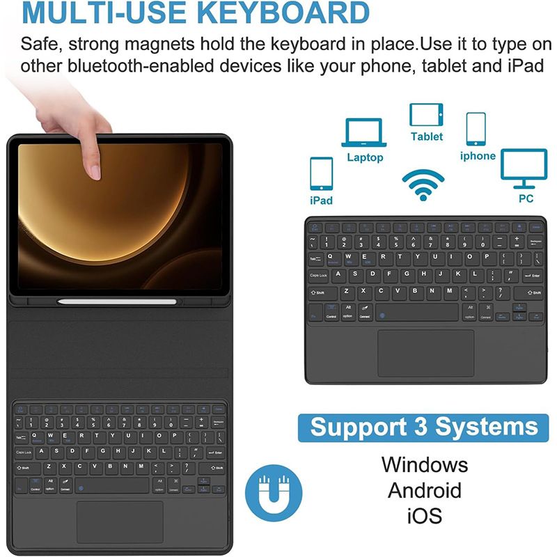 Keyboard + Tablet Case for Samsung Galaxy Tab S9+ 12.4" inch/  S9 FE+ 12.4" inch Magnetic Bluetooth Keyboard Leather Flip Cover With Touchpad Bluetooth Keyboard Flip Cover Leather Case