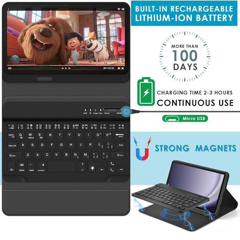 Keyboard + Tablet Case for Samsung Galaxy Tab A9 8.7" inch Magnetic Bluetooth Keyboard Leather Flip Cover 7 Color Backlight Bluetooth Keyboard Flip Cover Leather Case