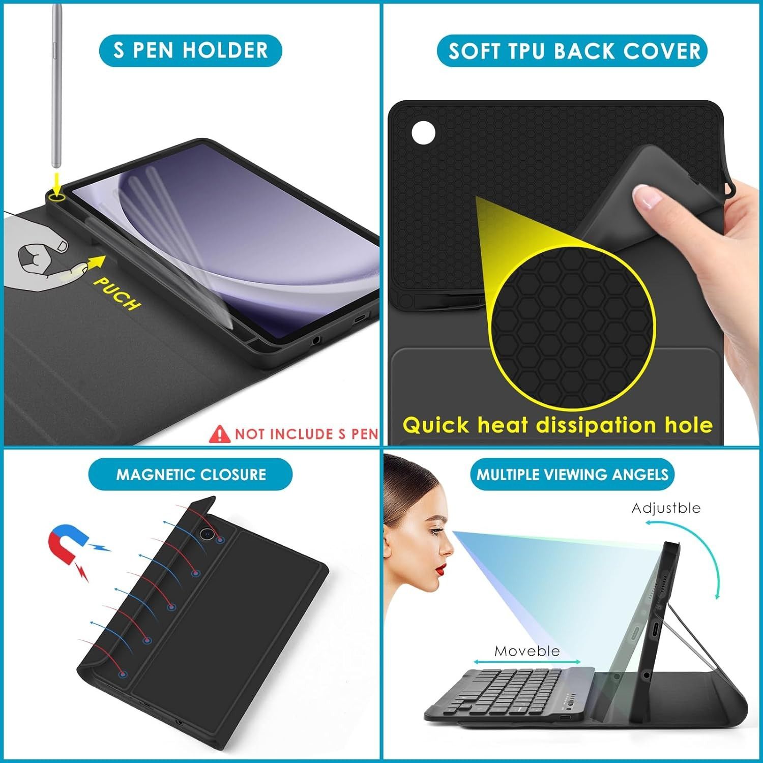 Keyboard + Tablet Case for Samsung Galaxy Tab A9 8.7" inch Magnetic Bluetooth Keyboard Leather Flip Cover 7 Color Backlight Bluetooth Keyboard Flip Cover Leather Case