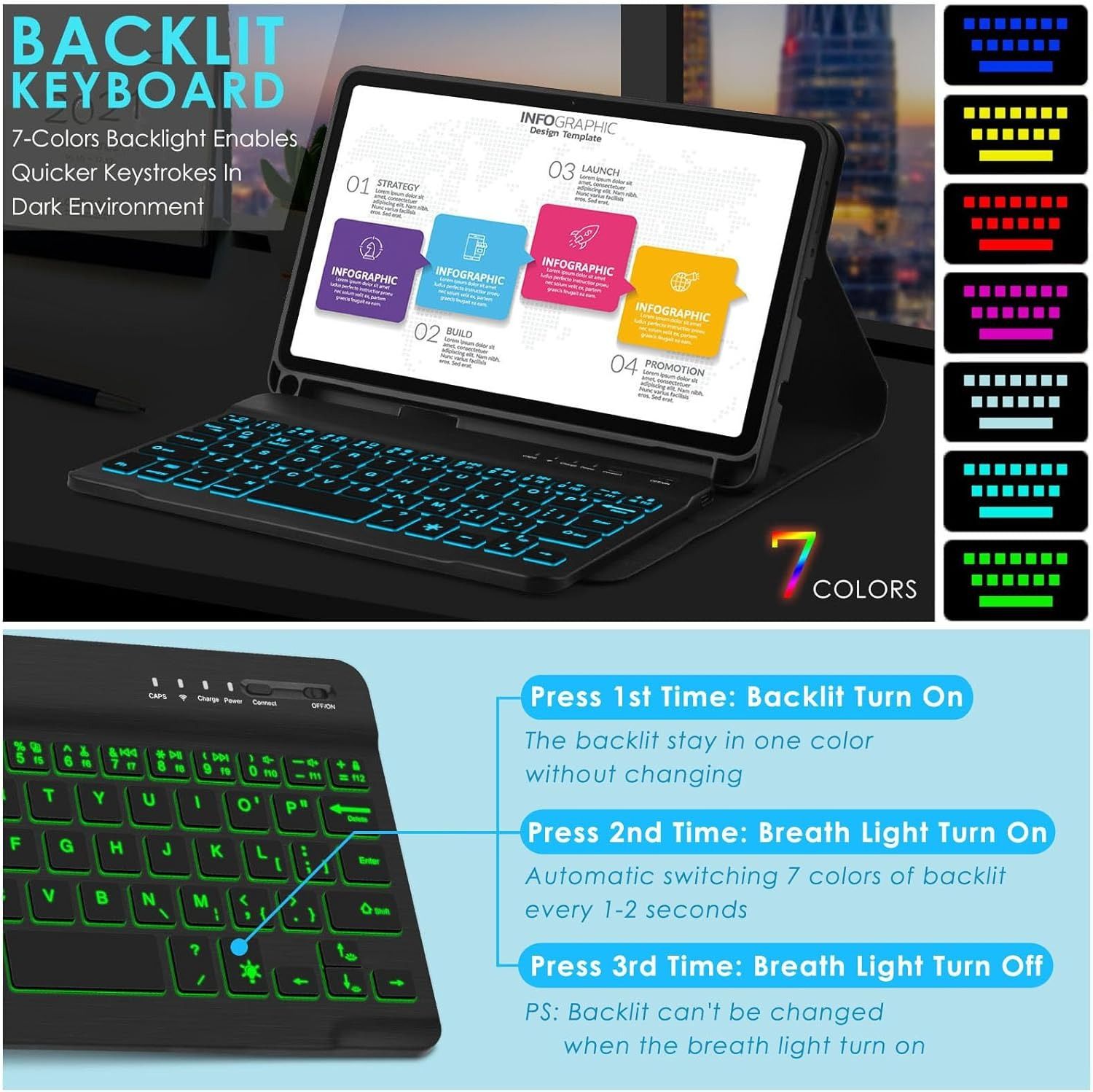 Keyboard + Tablet Case for Samsung Galaxy Tab A9 8.7" inch Magnetic Bluetooth Keyboard Leather Flip Cover 7 Color Backlight Bluetooth Keyboard Flip Cover Leather Case