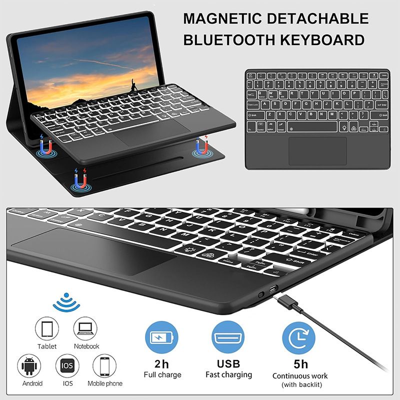 Keyboard + Tablet Case for Samsung Galaxy Tab S7+ 12.4" inch/ Tab S7 Plus 12.4" inch Magnetic Bluetooth Keyboard Leather Flip Cover 7 Color Backlight Bluetooth Keyboard Flip Cover Leather Cas