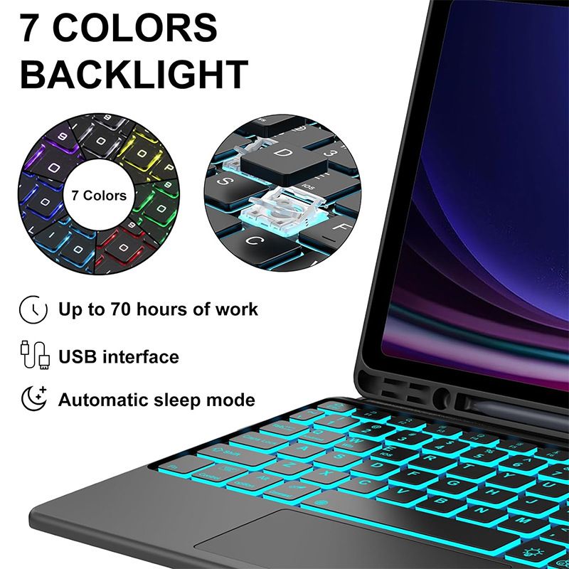 Keyboard + Tablet Case for Samsung Galaxy Tab S7 FE 12.4" inch Magnetic Bluetooth Keyboard Leather Flip Cover 7 Color Backlight Bluetooth Keyboard Flip Cover Leather Cas