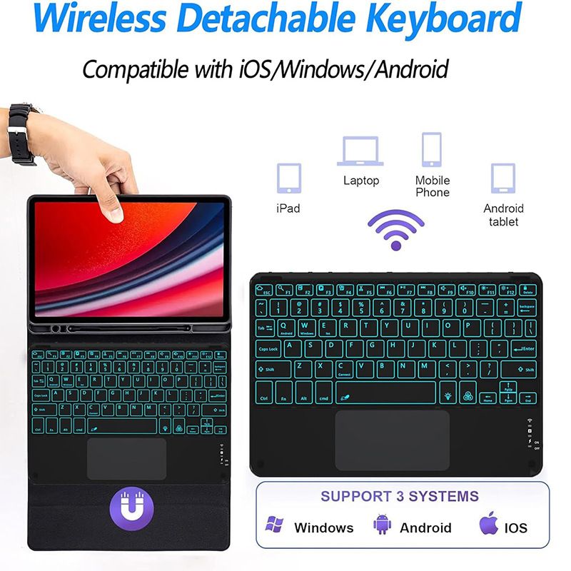 Keyboard + Tablet Case for Samsung Galaxy Tab S7 FE 12.4" inch Magnetic Bluetooth Keyboard Leather Flip Cover 7 Color Backlight Bluetooth Keyboard Flip Cover Leather Cas