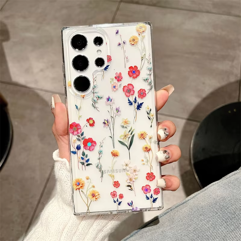Luxury Fashion Colorful Flowers Transparent Phone Case for Samsung S25 edge S25 Plus S24 FE S23 FE S22 Ultra High Quality Back Cover for s24 Plus s23 Plus S22 Plus S25 Ultra