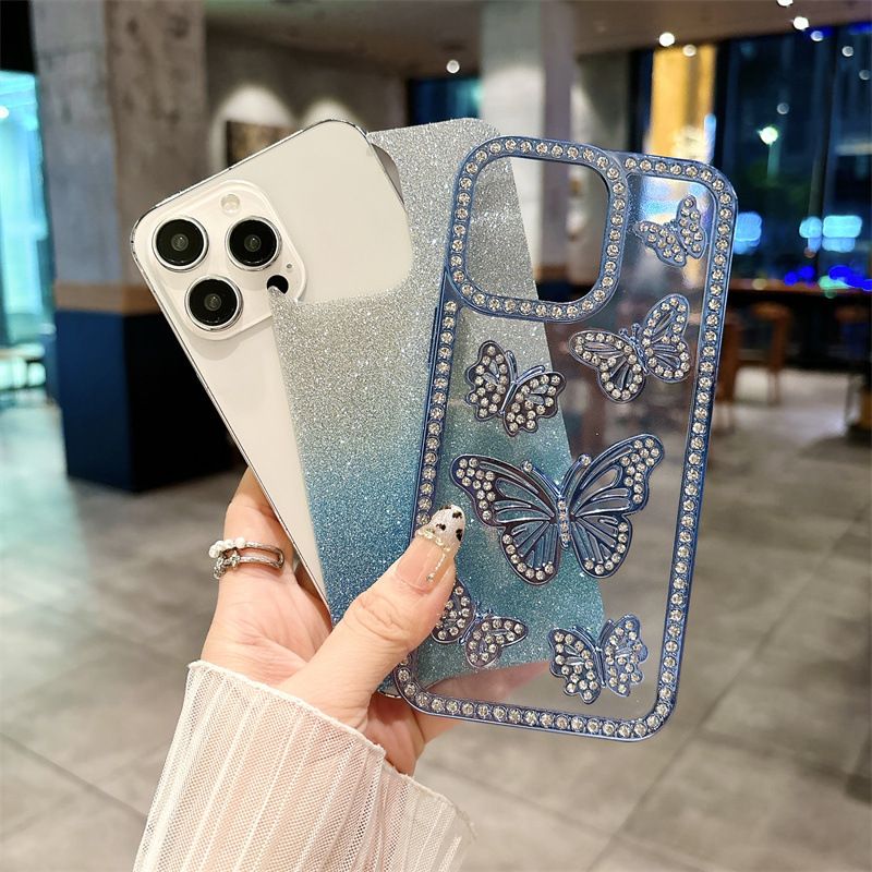 Butterfly Pattern InlayDiamond Soft TPU Phone Case for iPhone 16 Pro 15 14 13 12 11 Pro Max With Flash Paper Shockproof Cover