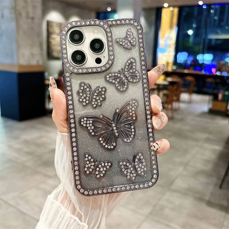 Butterfly Pattern InlayDiamond Soft TPU Phone Case for iPhone 16 Pro 15 14 13 12 11 Pro Max With Flash Paper Shockproof Cover