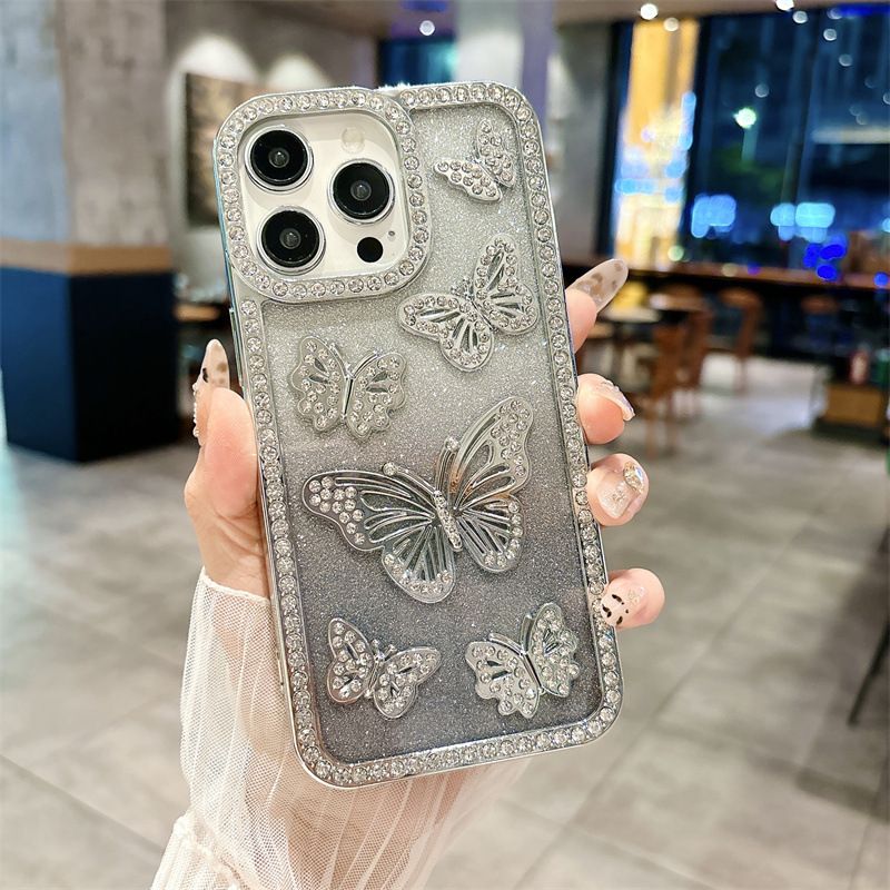 Butterfly Pattern InlayDiamond Soft TPU Phone Case for iPhone 16 Pro 15 14 13 12 11 Pro Max With Flash Paper Shockproof Cover