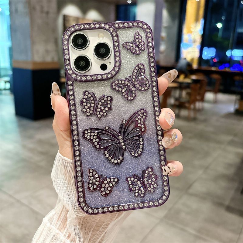Butterfly Pattern InlayDiamond Soft TPU Phone Case for iPhone 16 Pro 15 14 13 12 11 Pro Max With Flash Paper Shockproof Cover