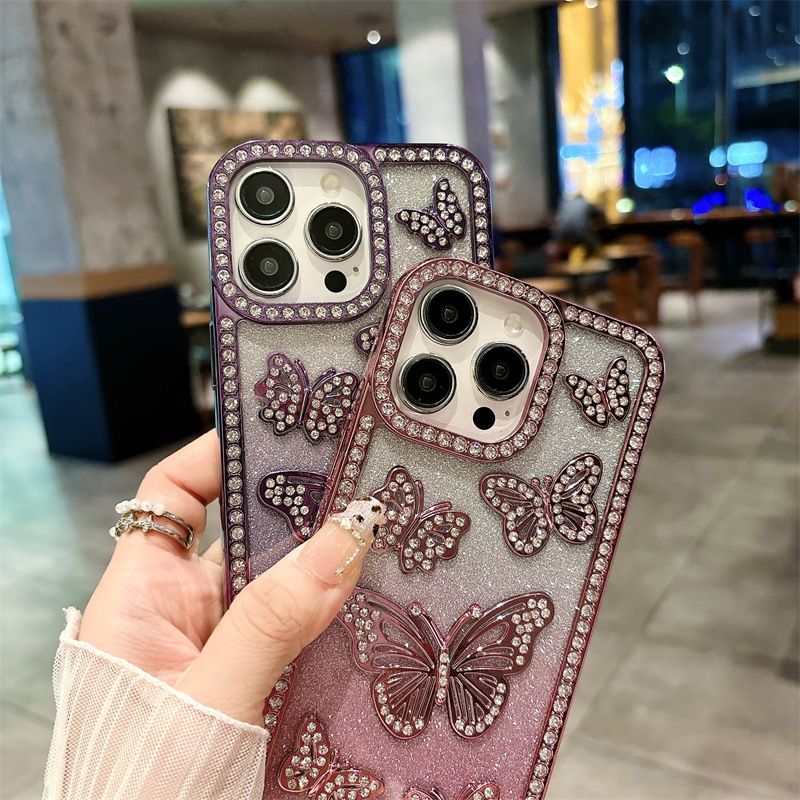 Butterfly Pattern InlayDiamond Soft TPU Phone Case for iPhone 16 Pro 15 14 13 12 11 Pro Max With Flash Paper Shockproof Cover
