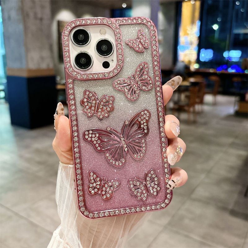 Butterfly Pattern InlayDiamond Soft TPU Phone Case for iPhone 16 Pro 15 14 13 12 11 Pro Max With Flash Paper Shockproof Cover