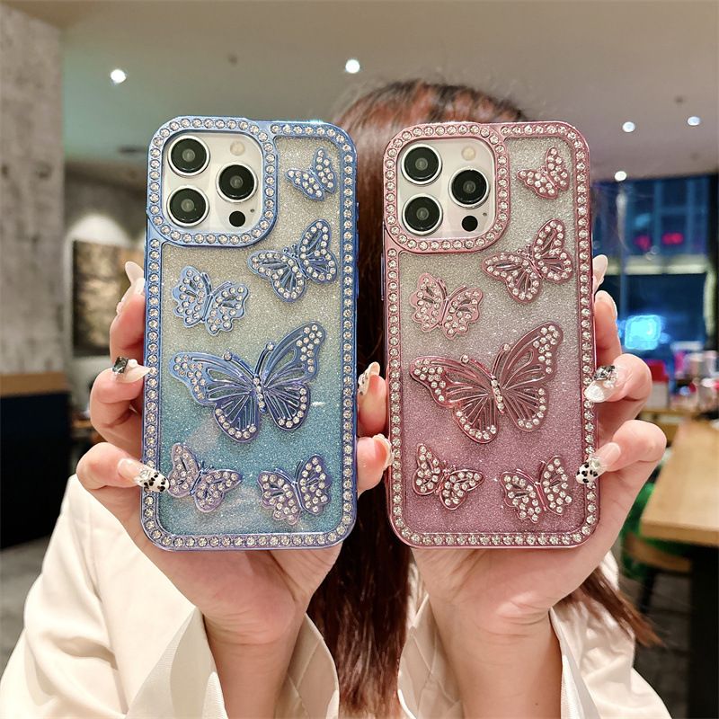 Butterfly Pattern InlayDiamond Soft TPU Phone Case for iPhone 16 Pro 15 14 13 12 11 Pro Max With Flash Paper Shockproof Cover