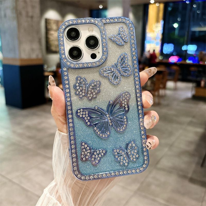 Butterfly Pattern InlayDiamond Soft TPU Phone Case for iPhone 16 Pro 15 14 13 12 11 Pro Max With Flash Paper Shockproof Cover