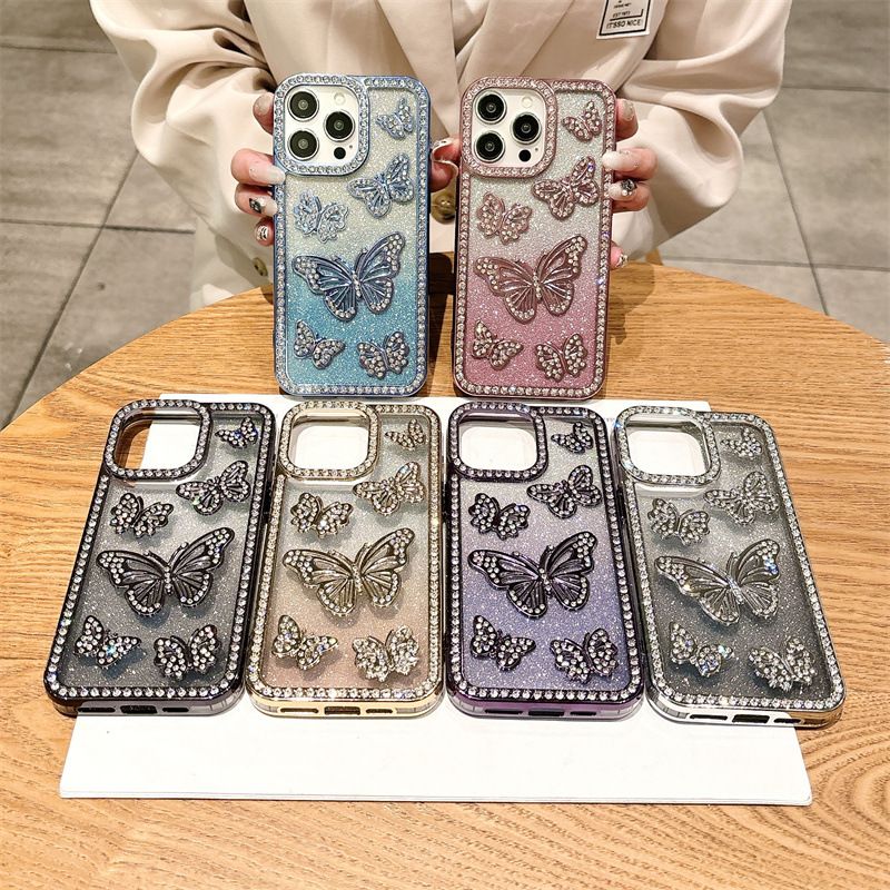 Butterfly Pattern InlayDiamond Soft TPU Phone Case for iPhone 16 Pro 15 14 13 12 11 Pro Max With Flash Paper Shockproof Cover