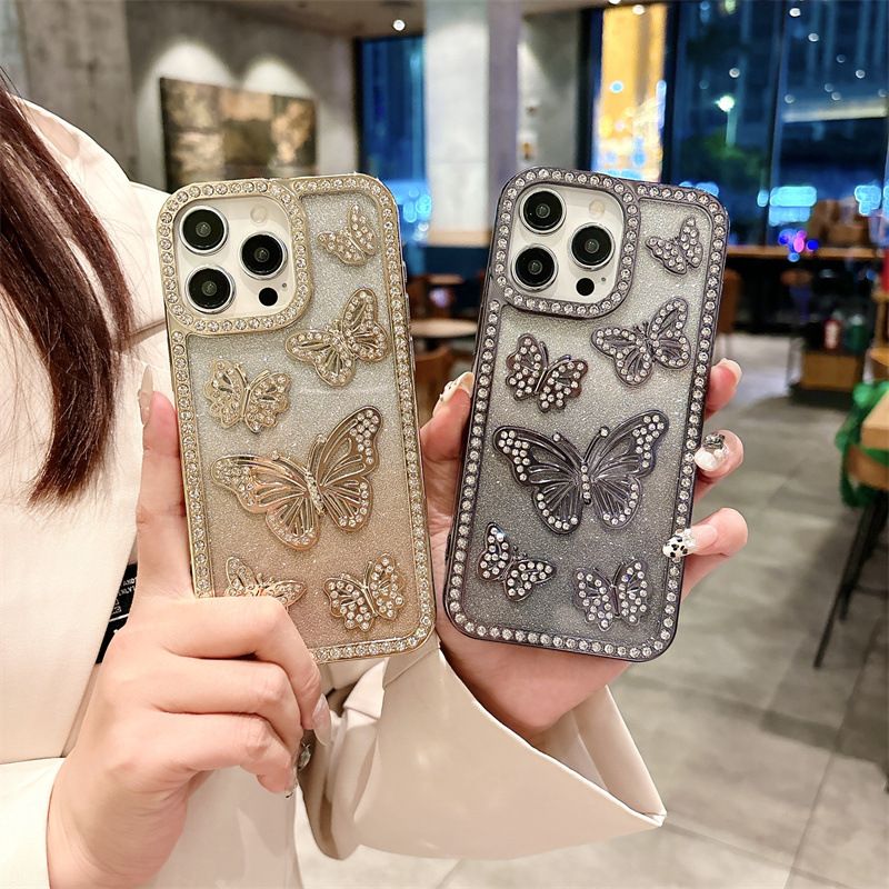 Butterfly Pattern InlayDiamond Soft TPU Phone Case for iPhone 16 Pro 15 14 13 12 11 Pro Max With Flash Paper Shockproof Cover