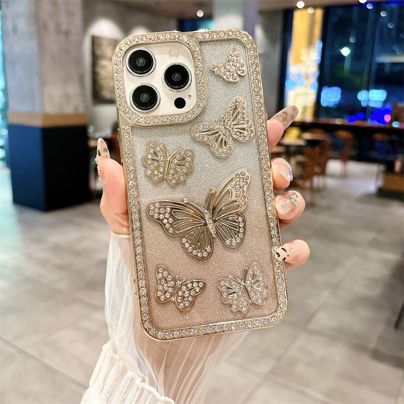 Butterfly Pattern InlayDiamond Soft TPU Phone Case for iPhone 16 Pro 15 14 13 12 11 Pro Max With Flash Paper Shockproof Cover