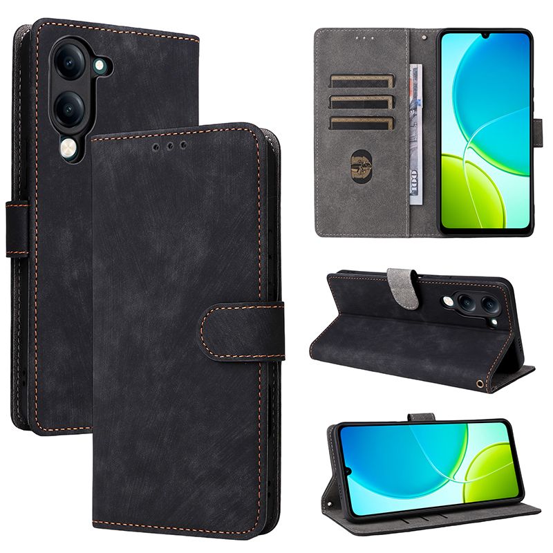 Flip Cover for Vivo Y04 4G PU Leather Phone Case Full-Body Protection Shockproof [RFID Blocking] Wallet Cover With Hand Strap