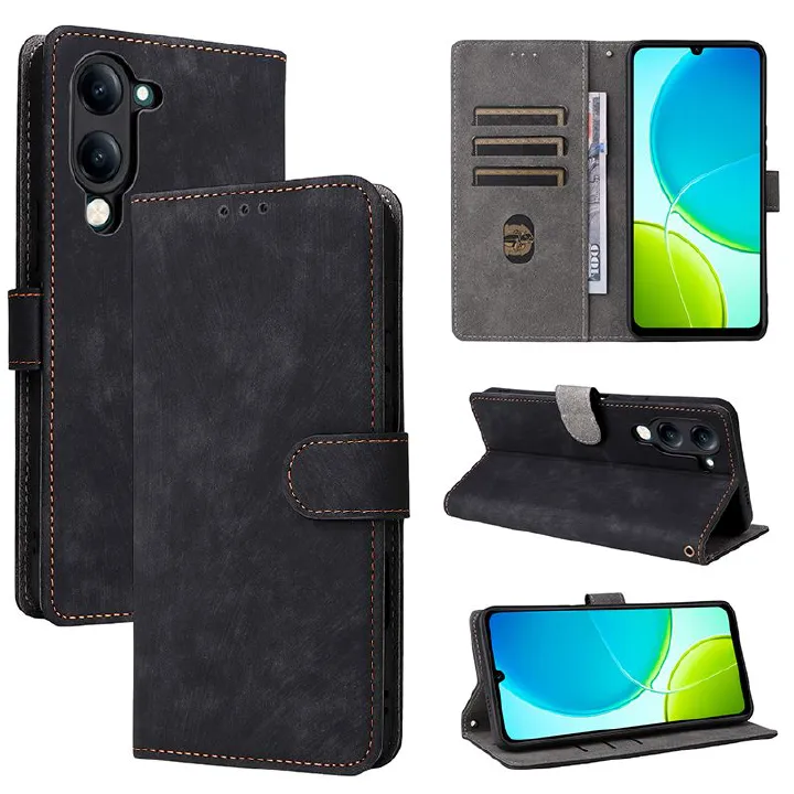 Flip Cover for Vivo Y04 4G PU Leather Phone Case Full-Body Protection Shockproof [RFID Blocking] Wallet Cover With Hand Strap