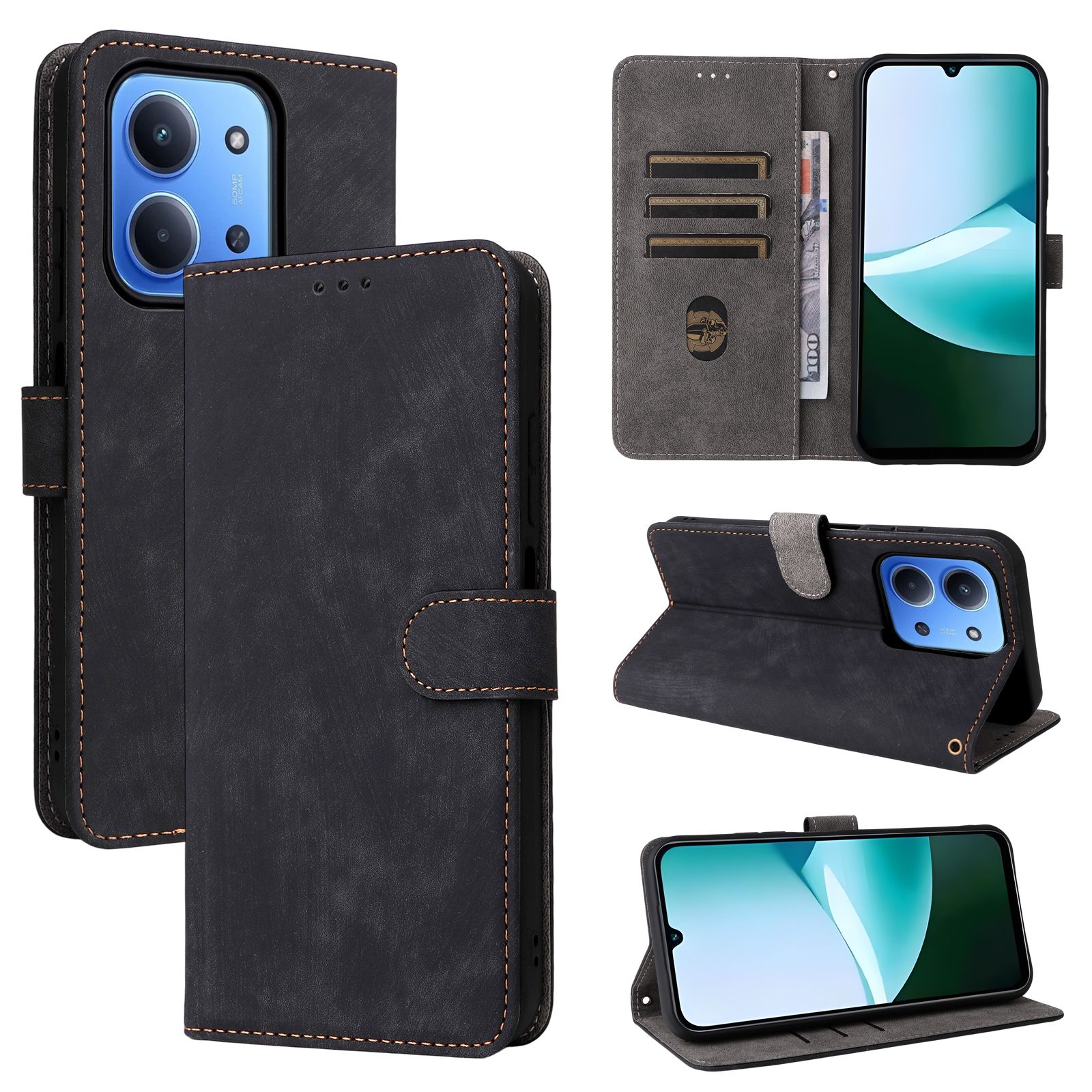 Flip Cover for Xiaomi Redmi 15C, 6.9'' PU Leather Phone Case Full-Body Protection Shockproof [RFID Blocking] Wallet Cover With Hand Strap