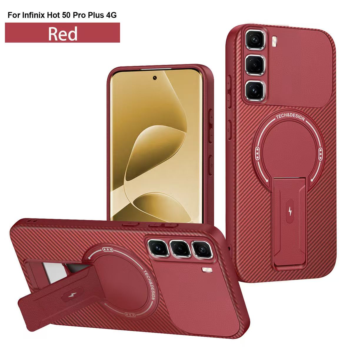 Magnetic Carbon Fiber Texture Hard Back shockproof Case for Infinix Hot 50 Pro+ (X6880) Stand Holder Wireless Charging Cover