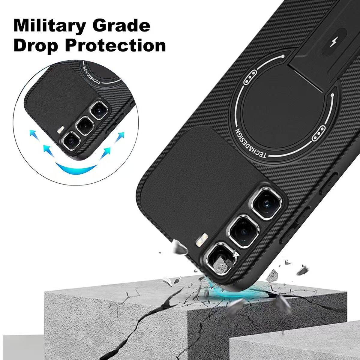 Magnetic Carbon Fiber Texture Hard Back shockproof Case for Infinix Hot 50 Pro+ (X6880) Stand Holder Wireless Charging Cover