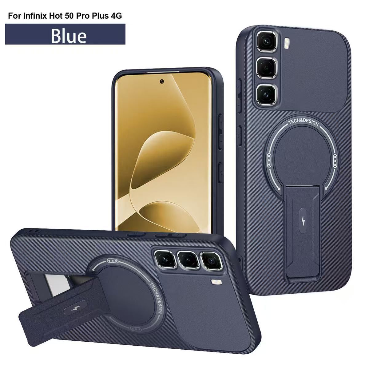 Magnetic Carbon Fiber Texture Hard Back shockproof Case for Infinix Hot 50 Pro+ (X6880) Stand Holder Wireless Charging Cover