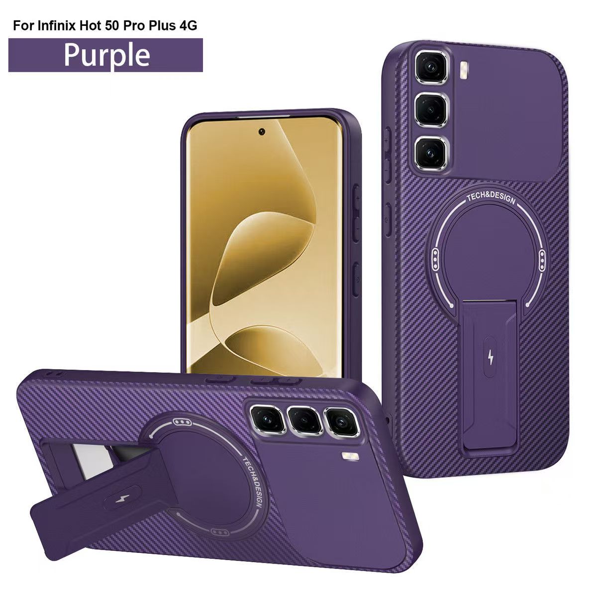 Magnetic Carbon Fiber Texture Hard Back shockproof Case for Infinix Hot 50 Pro+ (X6880) Stand Holder Wireless Charging Cover