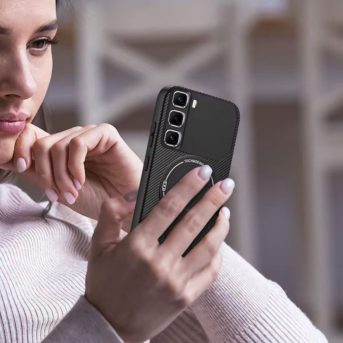 Magnetic Carbon Fiber Texture Hard Back shockproof Case for Infinix Hot 50 Pro+ (X6880) Stand Holder Wireless Charging Cover