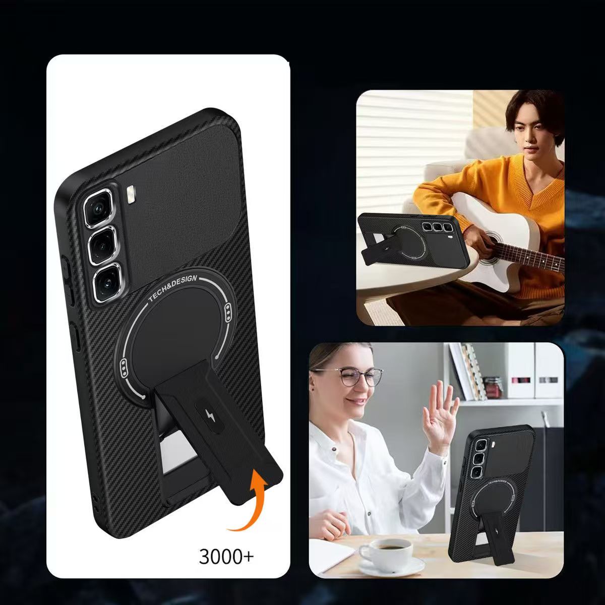 Magnetic Carbon Fiber Texture Hard Back shockproof Case for Infinix Hot 50 Pro+ (X6880) Stand Holder Wireless Charging Cover