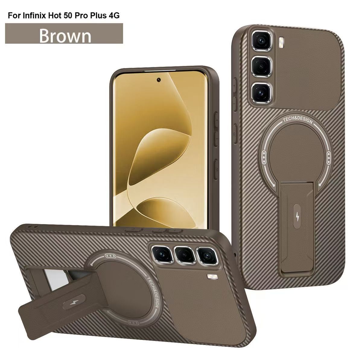 Magnetic Carbon Fiber Texture Hard Back shockproof Case for Infinix Hot 50 Pro+ (X6880) Stand Holder Wireless Charging Cover