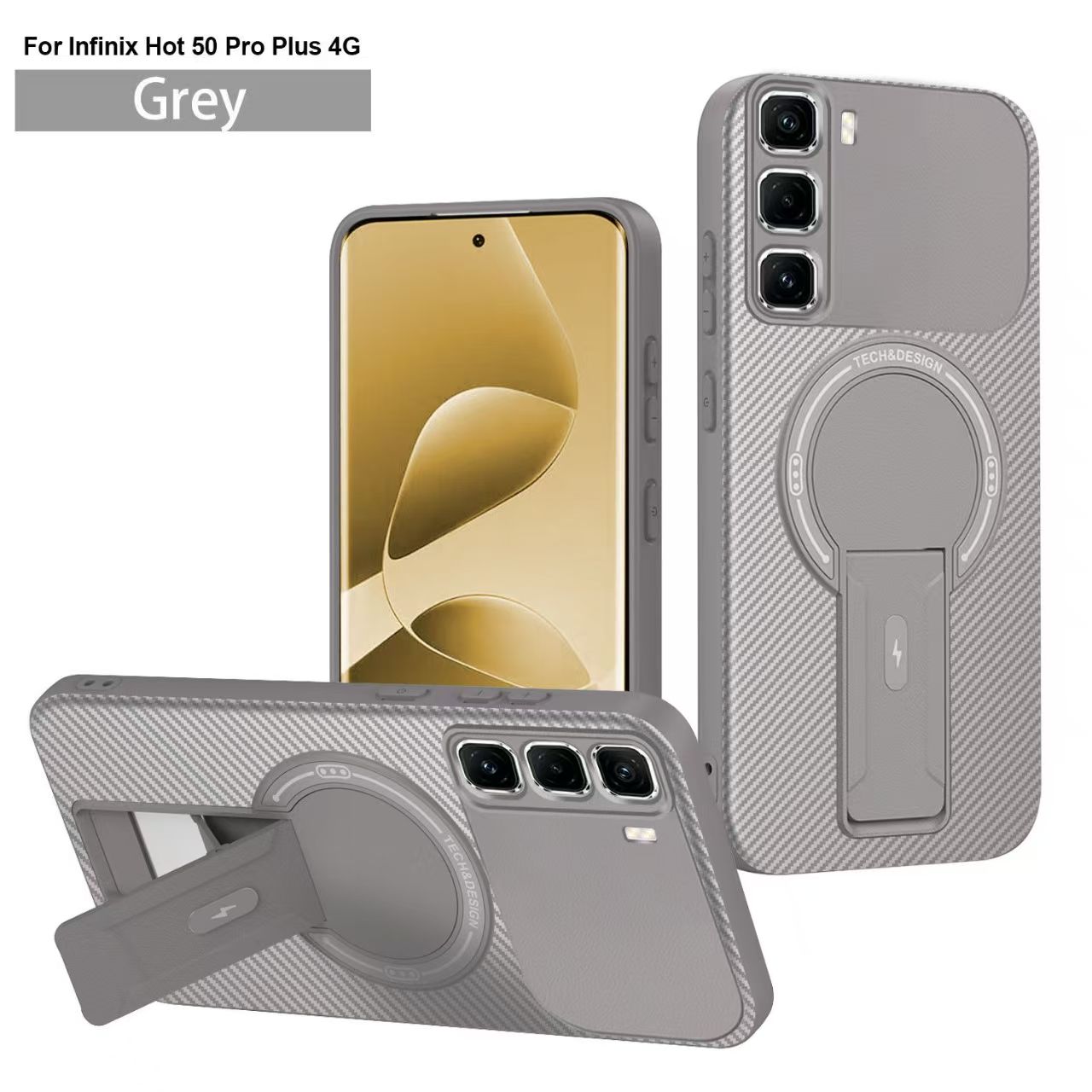 Magnetic Carbon Fiber Texture Hard Back shockproof Case for Infinix Hot 50 Pro+ (X6880) Stand Holder Wireless Charging Cover