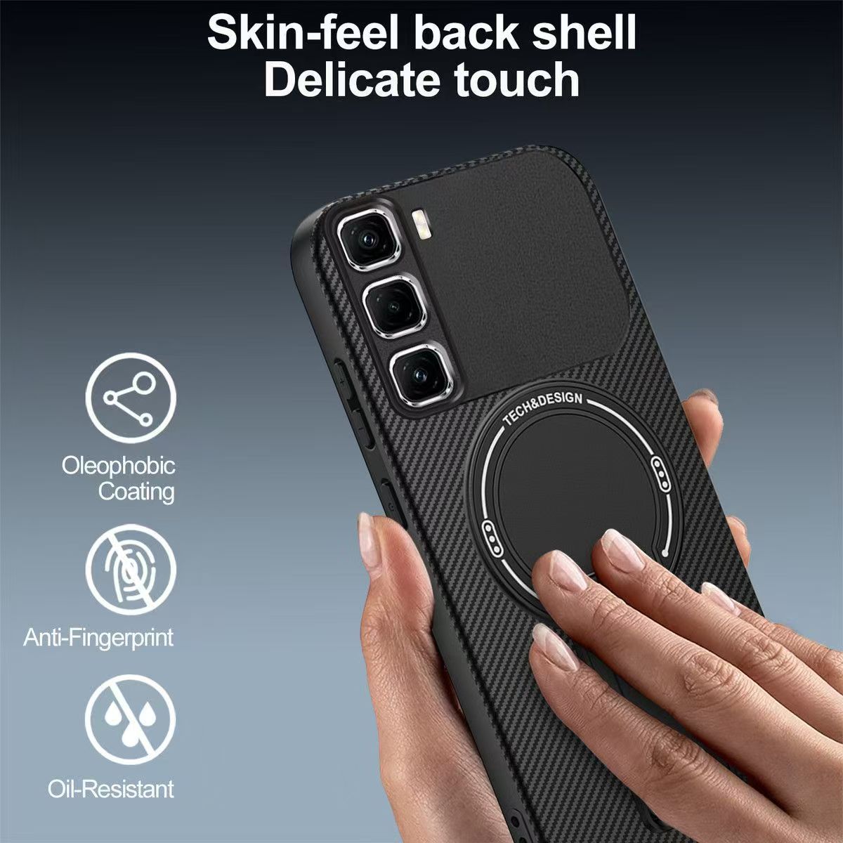 Magnetic Carbon Fiber Texture Hard Back shockproof Case for Infinix Hot 50 Pro+ (X6880) Stand Holder Wireless Charging Cover