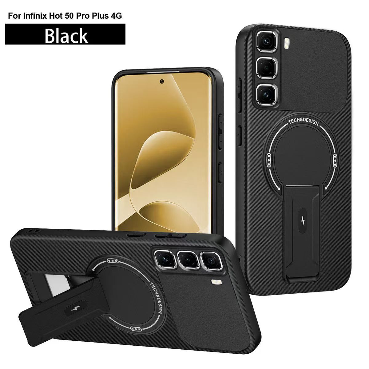 Magnetic Carbon Fiber Texture Hard Back shockproof Case for Infinix Hot 50 Pro+ (X6880) Stand Holder Wireless Charging Cover
