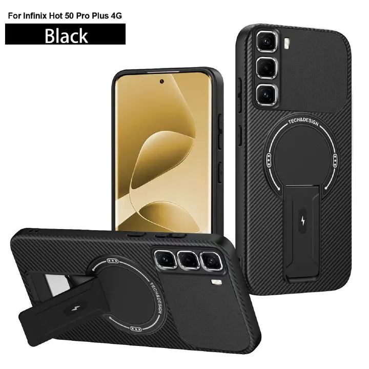 Magnetic Carbon Fiber Texture Hard Back shockproof Case for Infinix Hot 50 Pro+ (X6880) Stand Holder Wireless Charging Cover