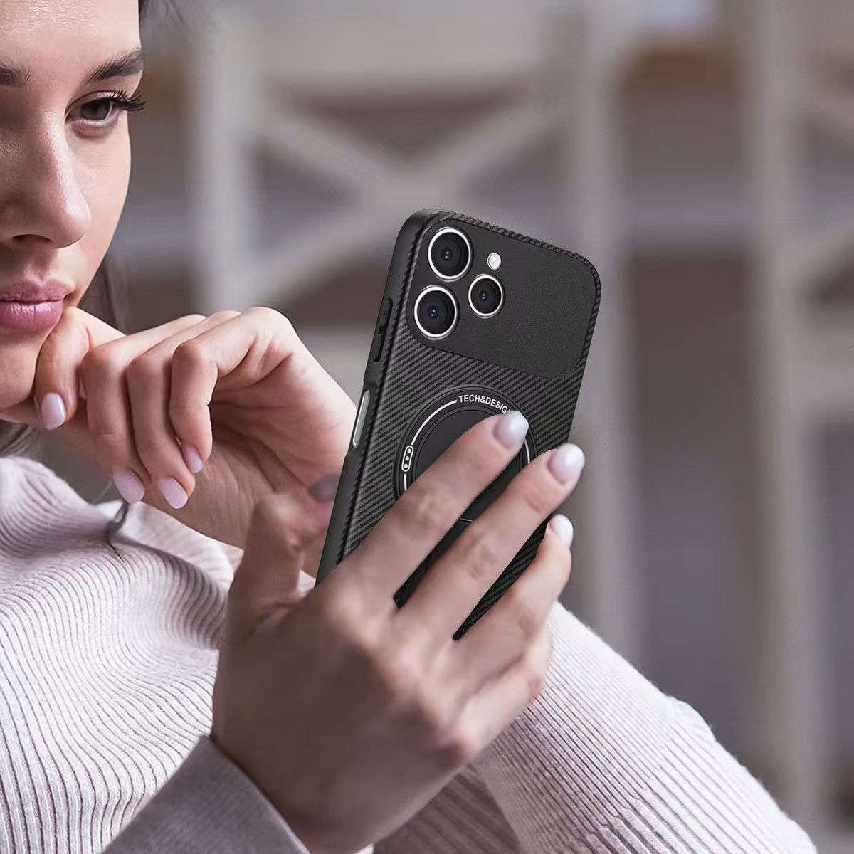 Magnetic Carbon Fiber Texture Hard Back shockproof Case for Tecno Spark 40 Stand Holder Wireless Charging Cover