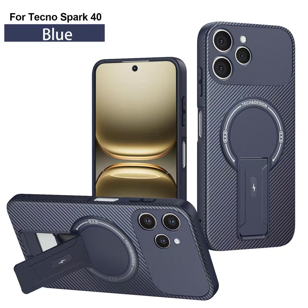 Magnetic Carbon Fiber Texture Hard Back shockproof Case for Tecno Spark 40 Stand Holder Wireless Charging Cover
