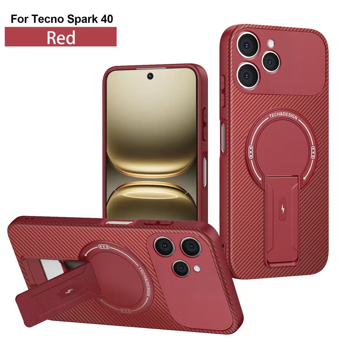 Magnetic Carbon Fiber Texture Hard Back shockproof Case for Tecno Spark 40 Stand Holder Wireless Charging Cover