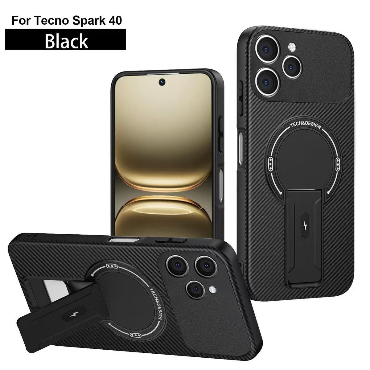 Magnetic Carbon Fiber Texture Hard Back shockproof Case for Tecno Spark 40 Stand Holder Wireless Charging Cover
