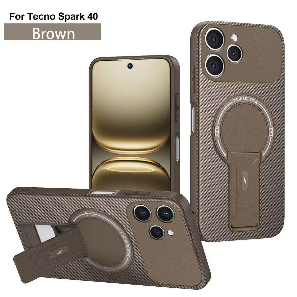 Magnetic Carbon Fiber Texture Hard Back shockproof Case for Tecno Spark 40 Stand Holder Wireless Charging Cover