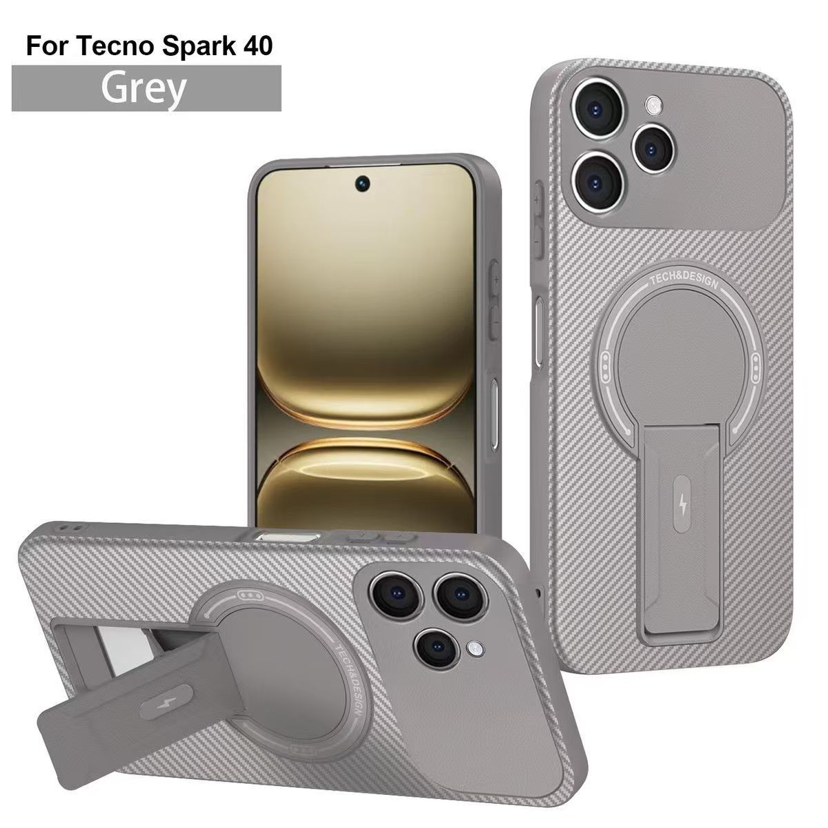 Magnetic Carbon Fiber Texture Hard Back shockproof Case for Tecno Spark 40 Stand Holder Wireless Charging Cover
