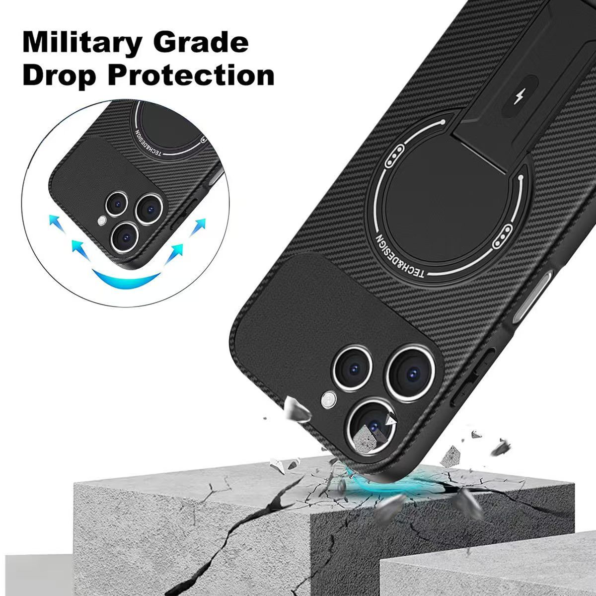 Magnetic Carbon Fiber Texture Hard Back shockproof Case for Tecno Spark 40 Stand Holder Wireless Charging Cover