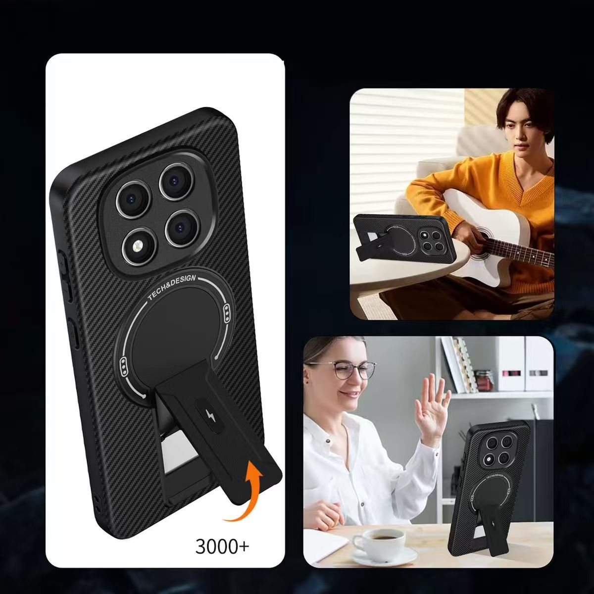 Magnetic Carbon Fiber Texture Hard Back shockproof Case for Xiaomi Redmi Note 14 Pro+/Plus 5G Stand Holder Wireless Charging Cover