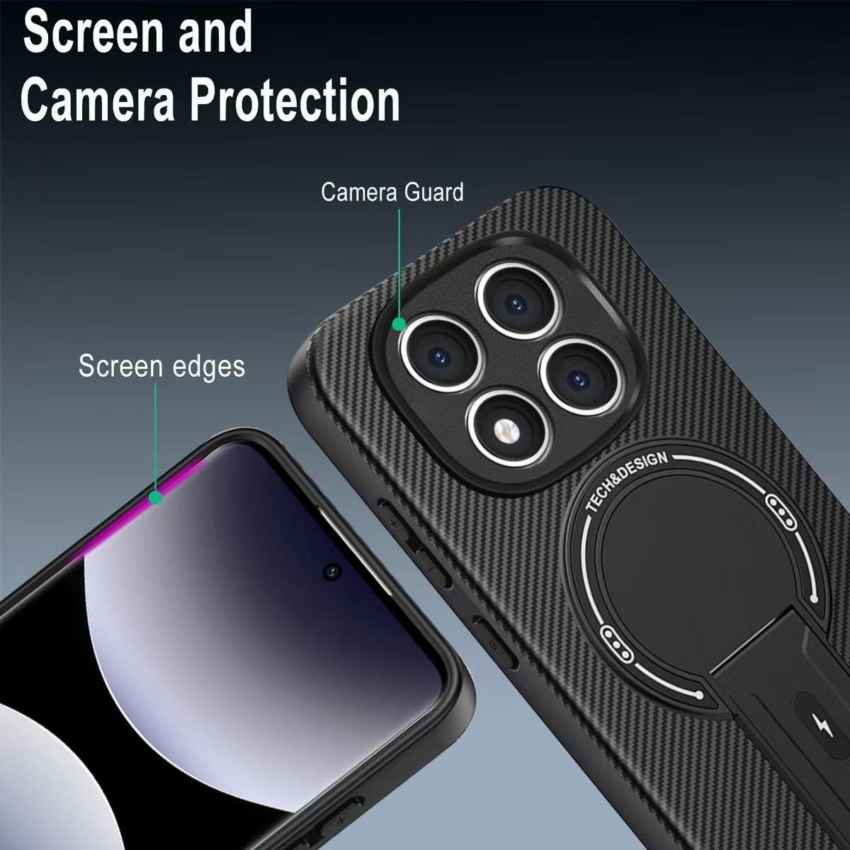 Magnetic Carbon Fiber Texture Hard Back shockproof Case for Xiaomi Redmi Note 14 Pro+/Plus 5G Stand Holder Wireless Charging Cover