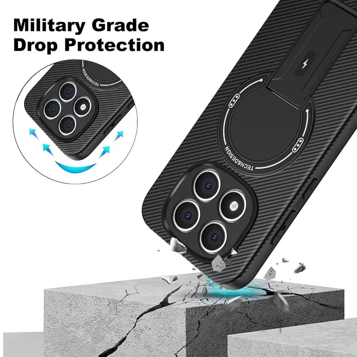 Magnetic Carbon Fiber Texture Hard Back shockproof Case for Xiaomi Redmi Note 14 Pro+/Plus 5G Stand Holder Wireless Charging Cover