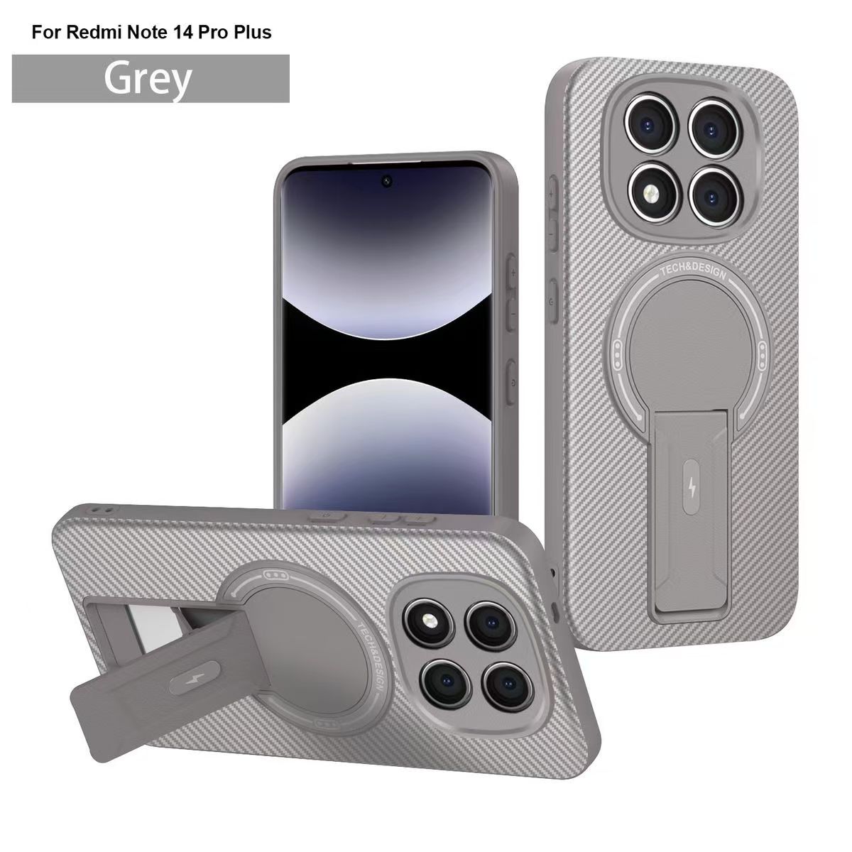 Magnetic Carbon Fiber Texture Hard Back shockproof Case for Xiaomi Redmi Note 14 Pro+/Plus 5G Stand Holder Wireless Charging Cover