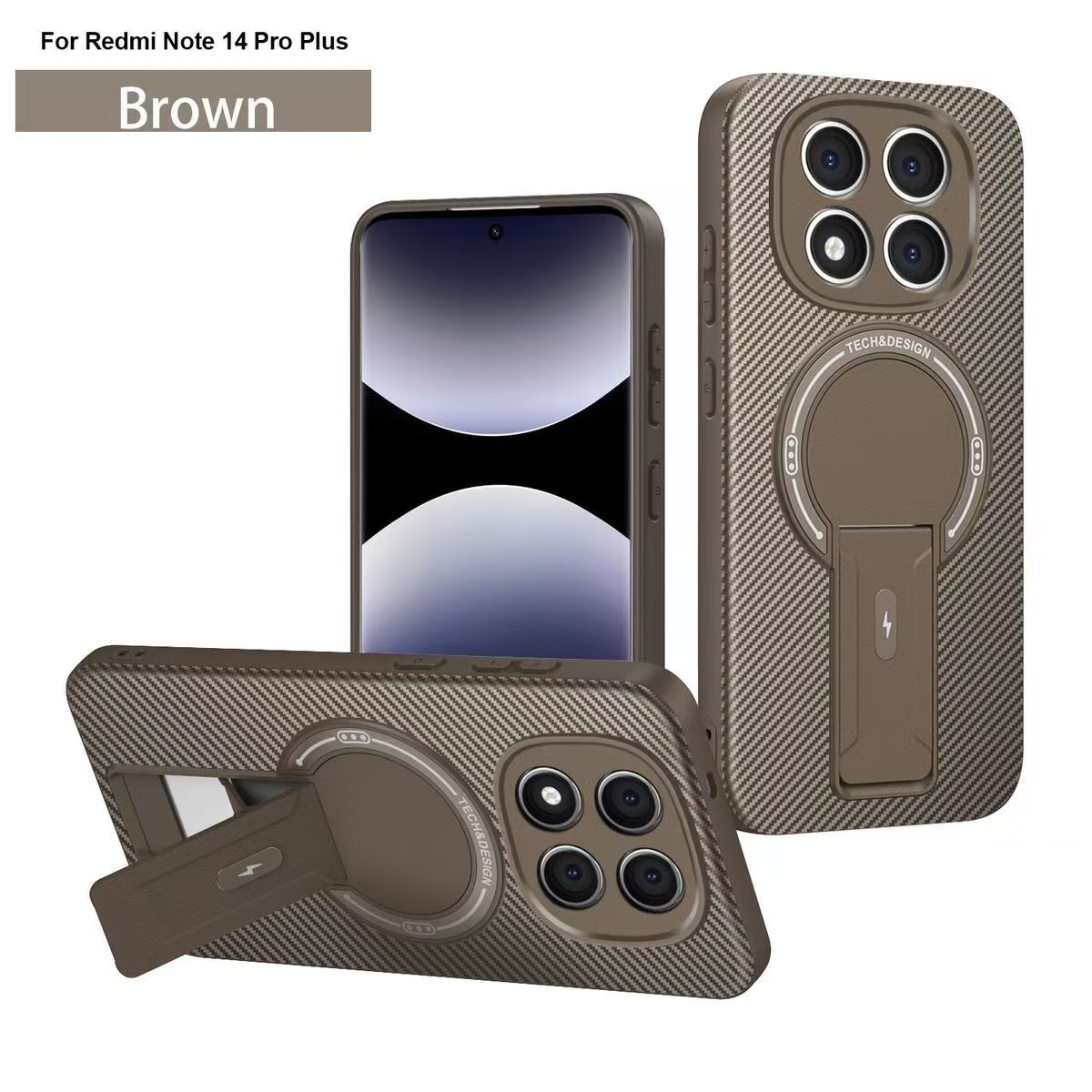 Magnetic Carbon Fiber Texture Hard Back shockproof Case for Xiaomi Redmi Note 14 Pro+/Plus 5G Stand Holder Wireless Charging Cover