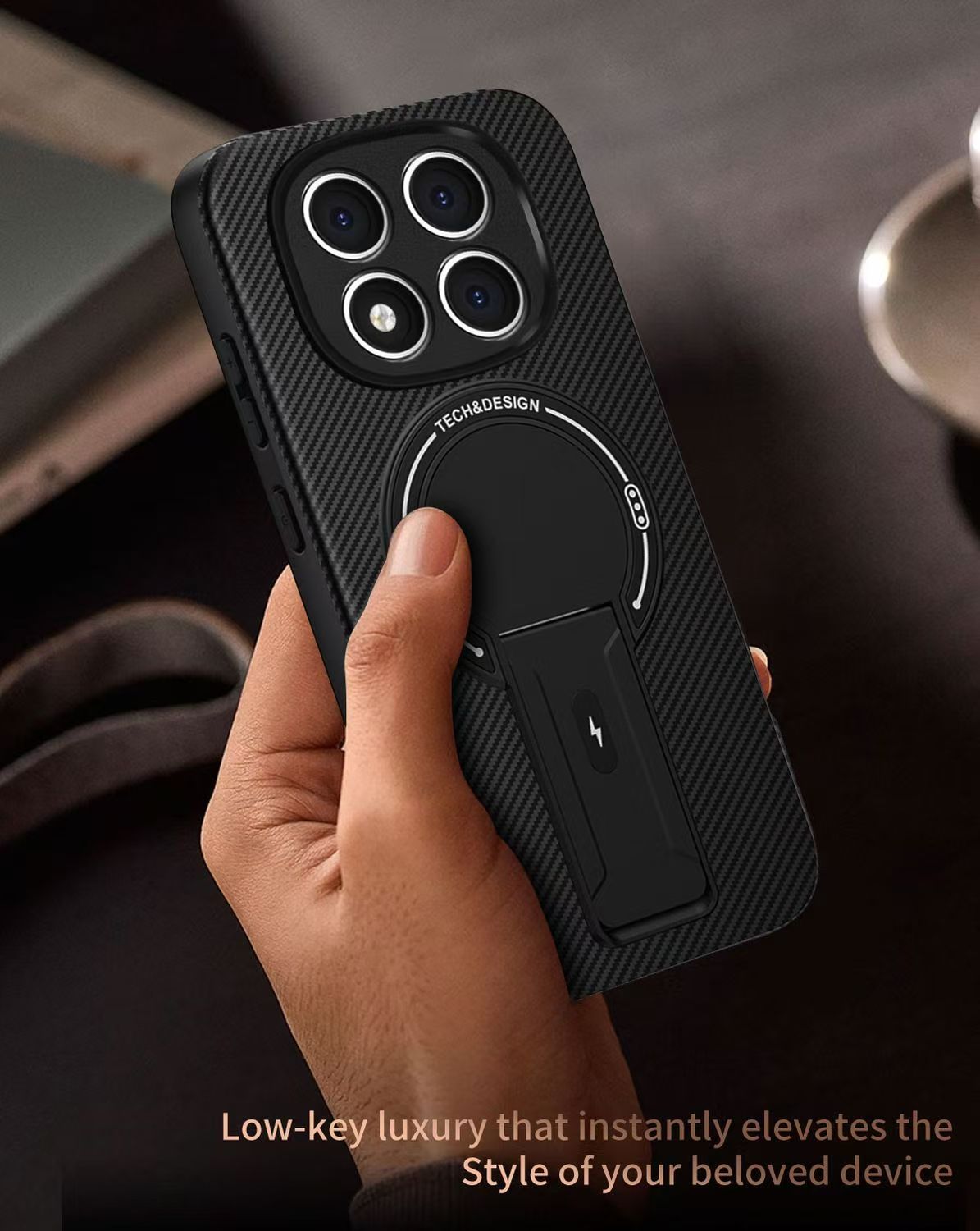 Magnetic Carbon Fiber Texture Hard Back shockproof Case for Xiaomi Redmi Note 14 Pro+/Plus 5G Stand Holder Wireless Charging Cover